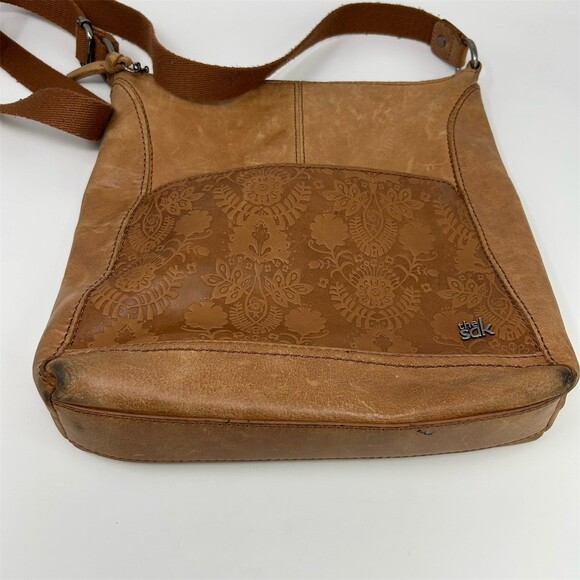 The Sak Lucia Crossbody Bag Womens Medium Tobacco Brown Floral Embossed Leather - Picture 2 of 11